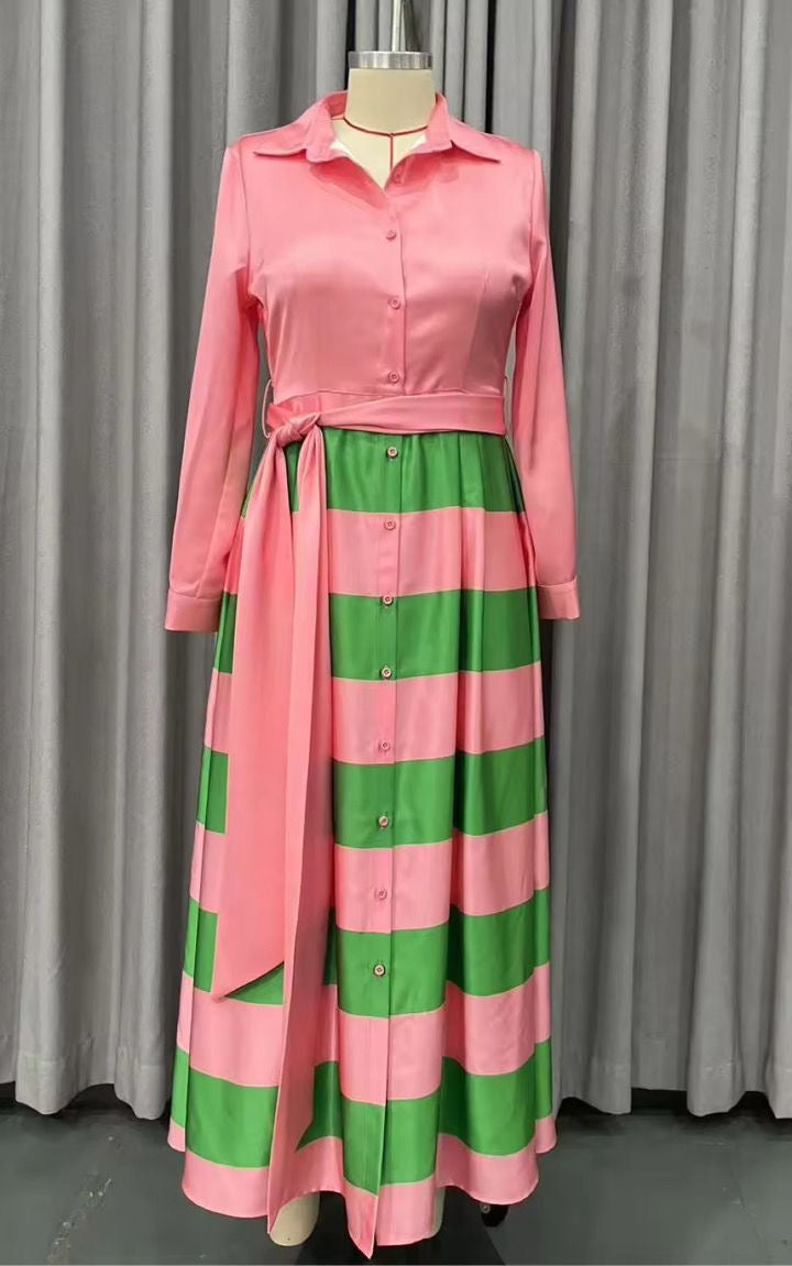 Pink and Green Stripe Maxi Dress