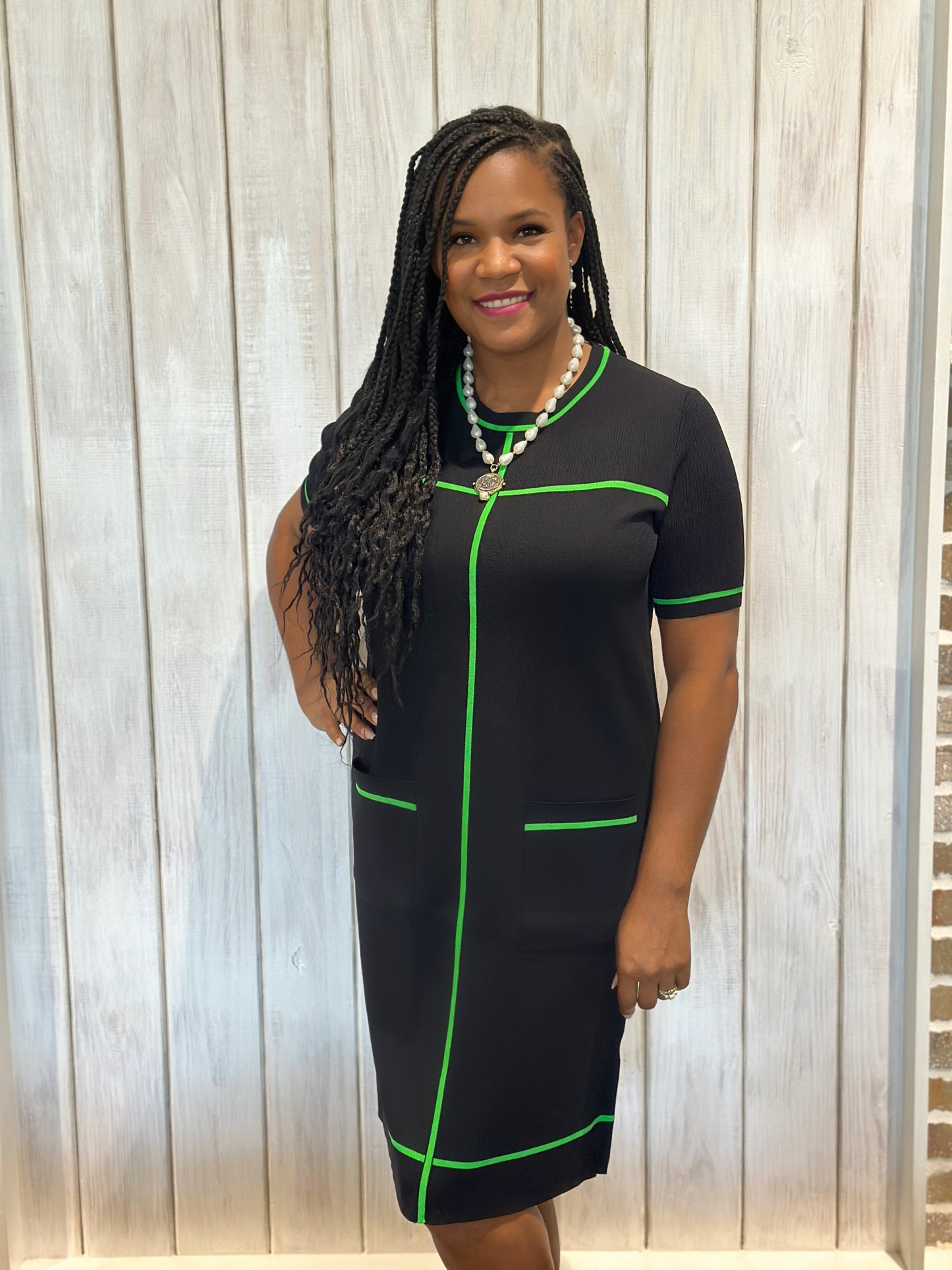 Pink & Green | Black Dress with Green Stripe