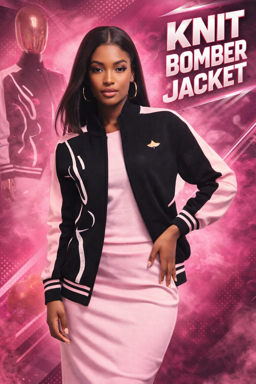 Black & Pink Knit Bomber Jacket