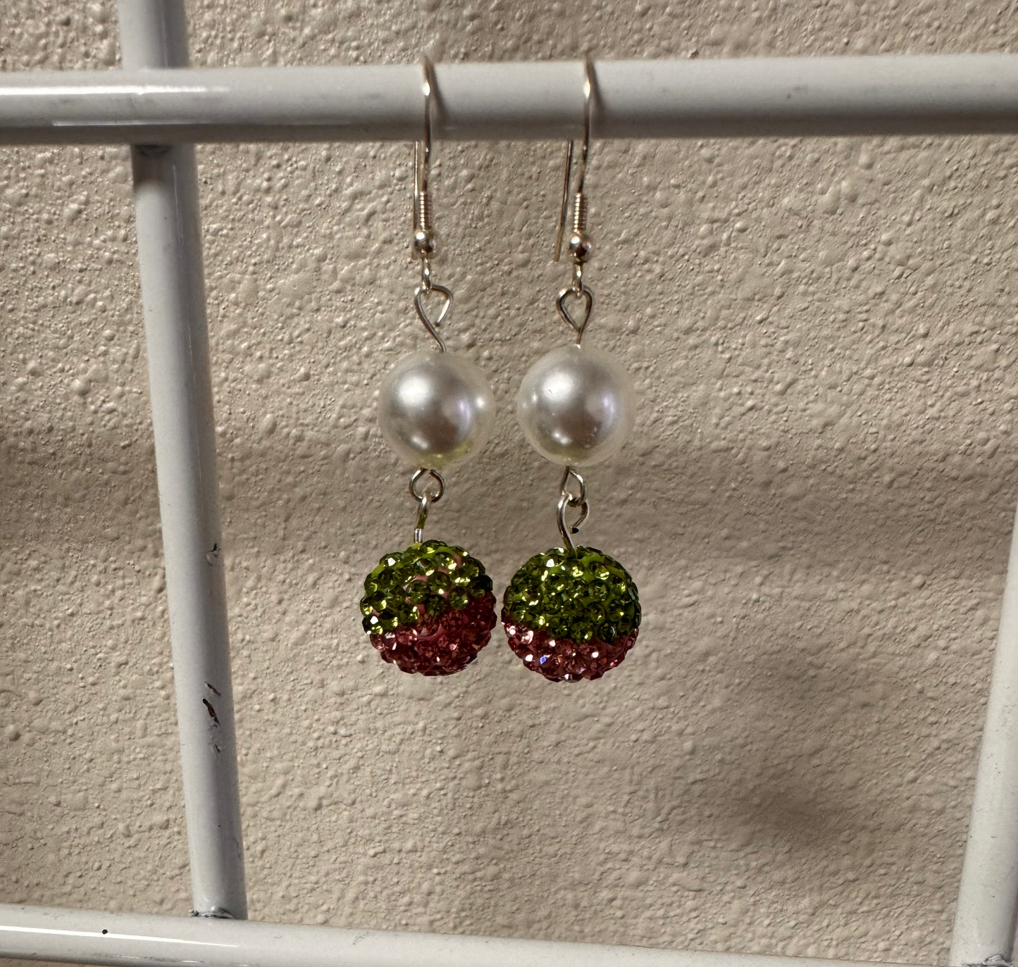 Pearl Pink and Green Rhinestone Earrings