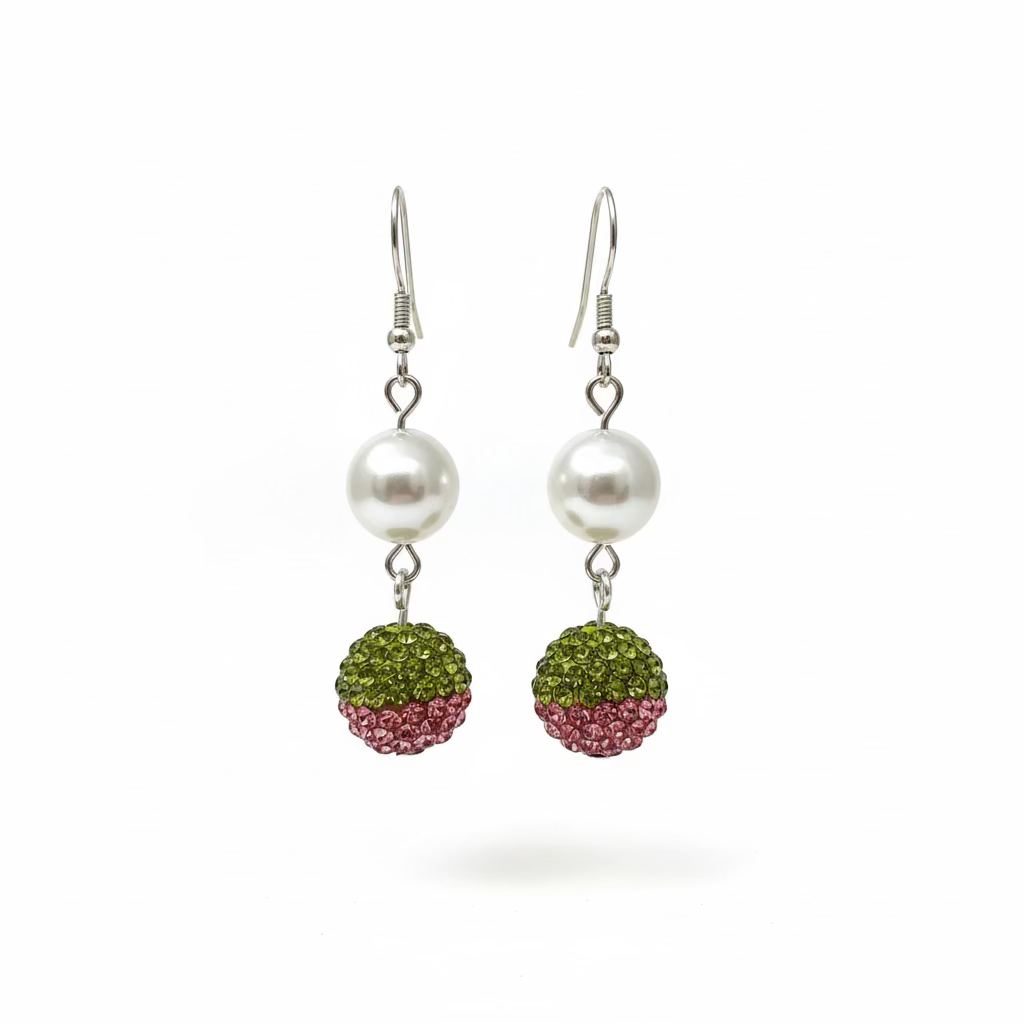 Pearl Pink and Green Rhinestone Earrings