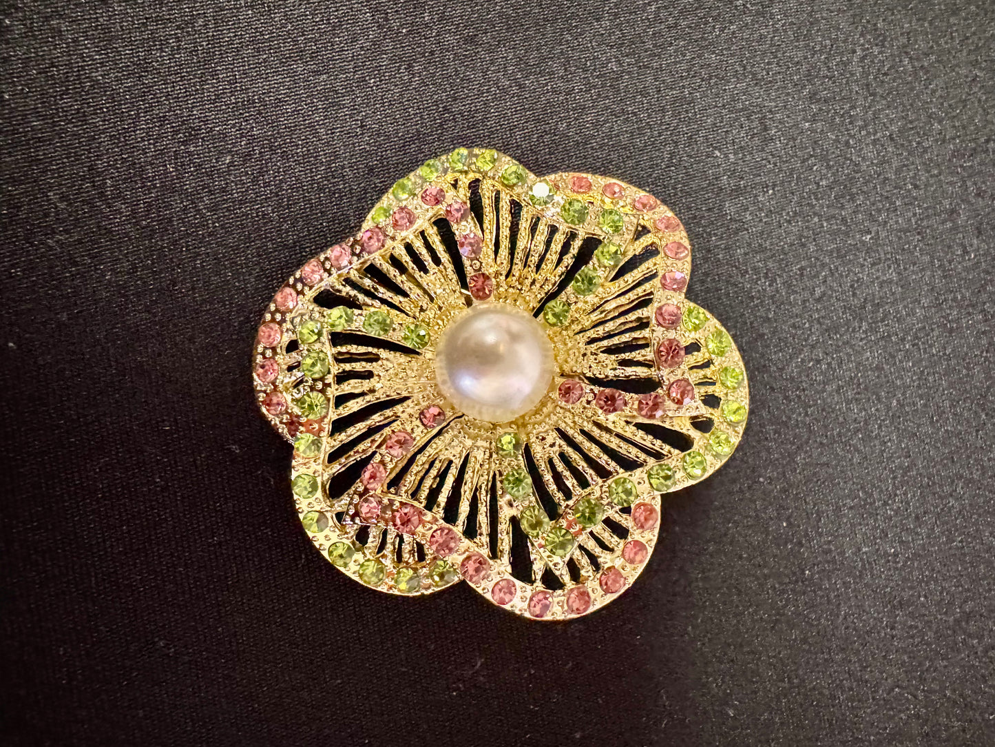 Pink and Green Rhinestone Flower Brooch
