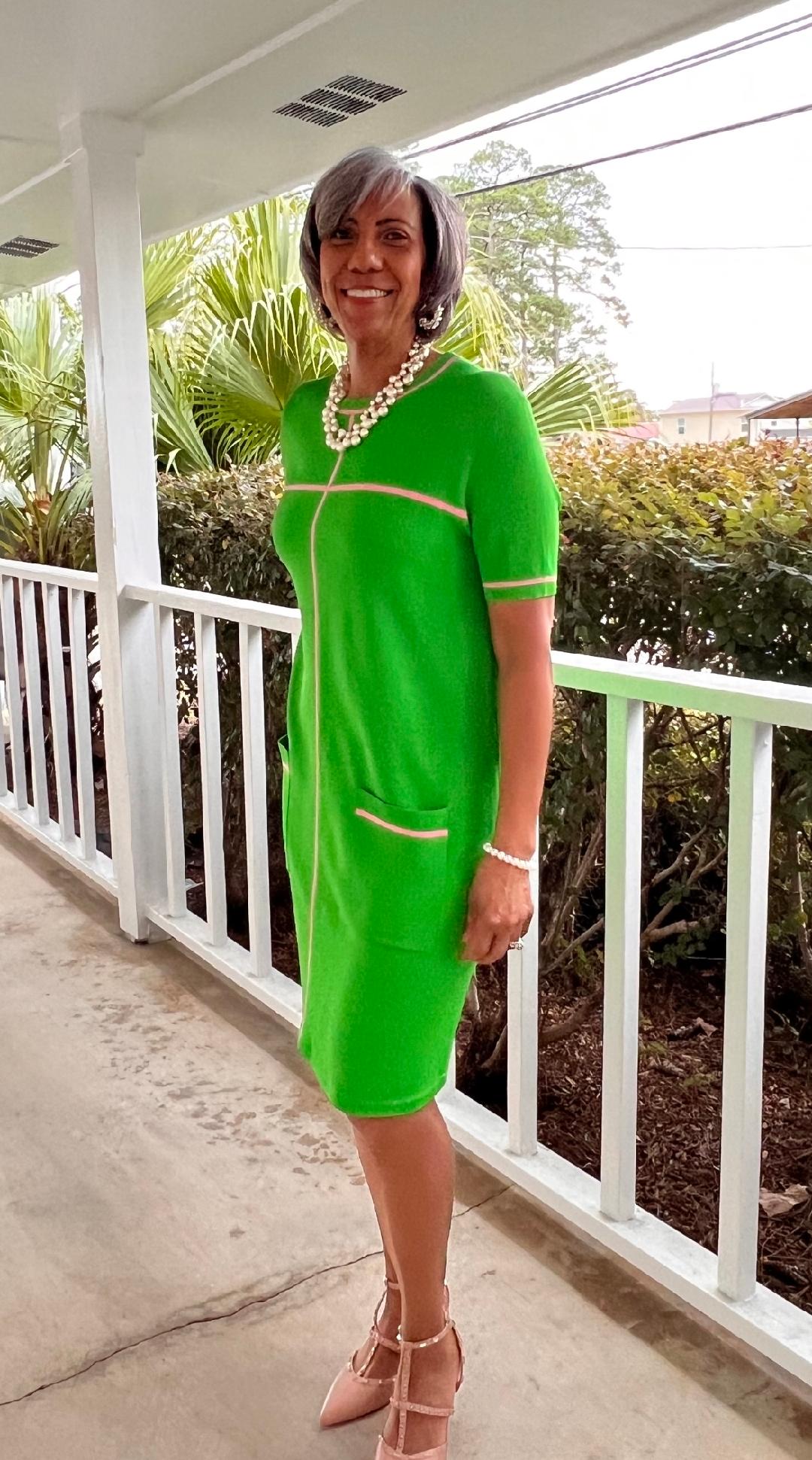 Pink & Green | Green dress with Pink stripe