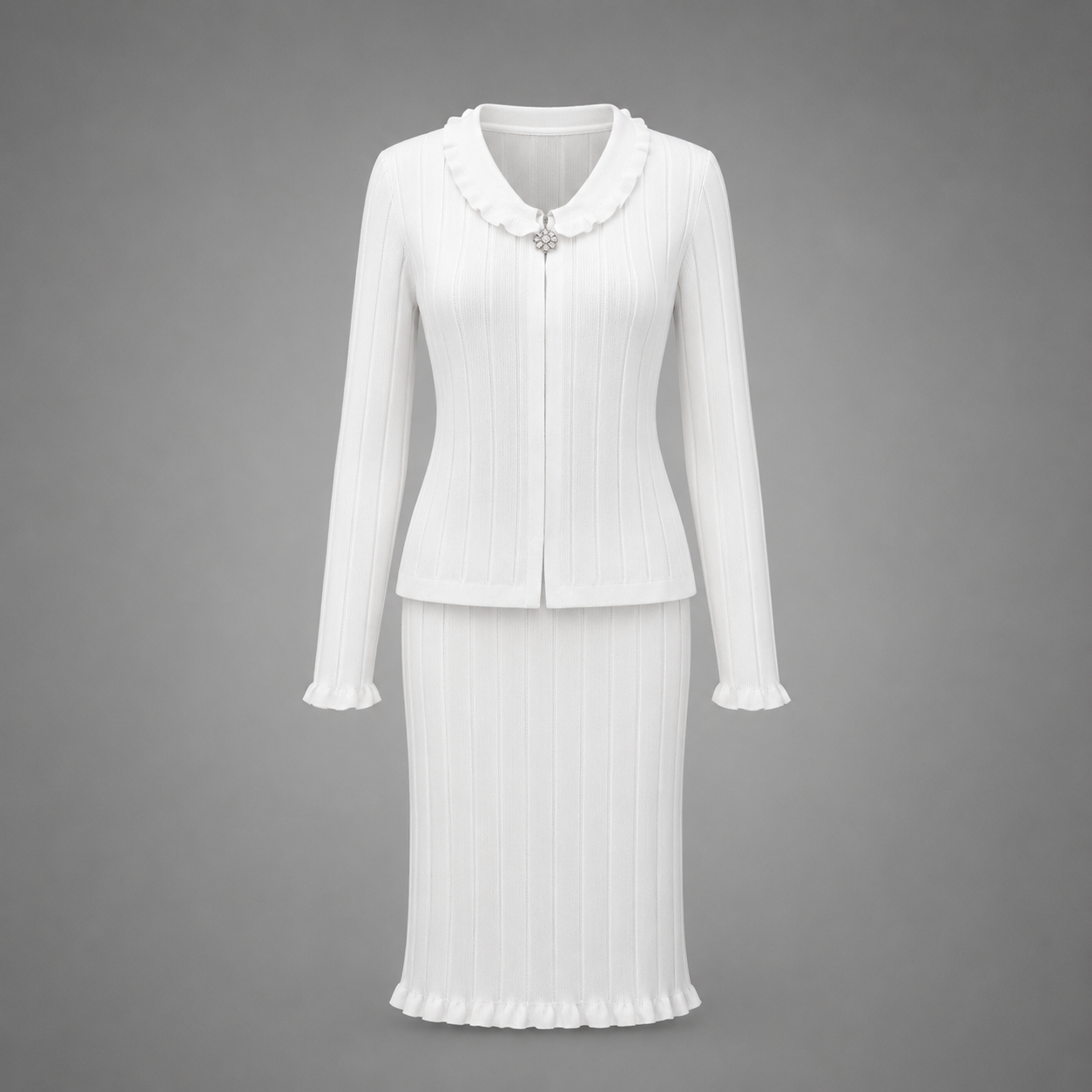 Winter White Elegance Ribbed Skirt Suit