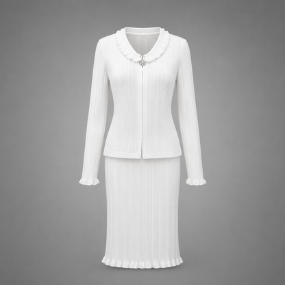 Winter White Elegance Ribbed Skirt Suit