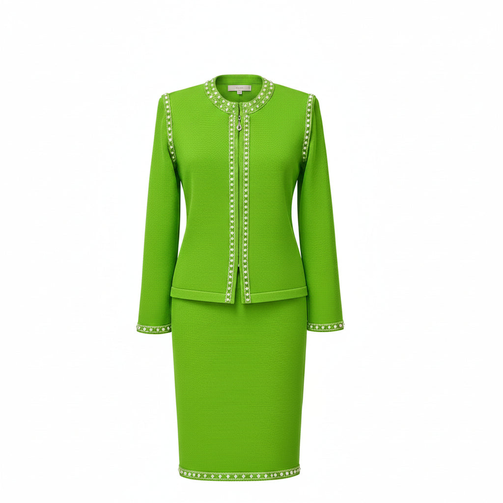Green suit on a mannequin with close-up of fabric texture.