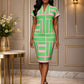 A woman models a short-sleeve V-neck bodycon dress with a bold green and pink geometric pattern, standing in a luxury interior setting with gold paneling and marble floors.