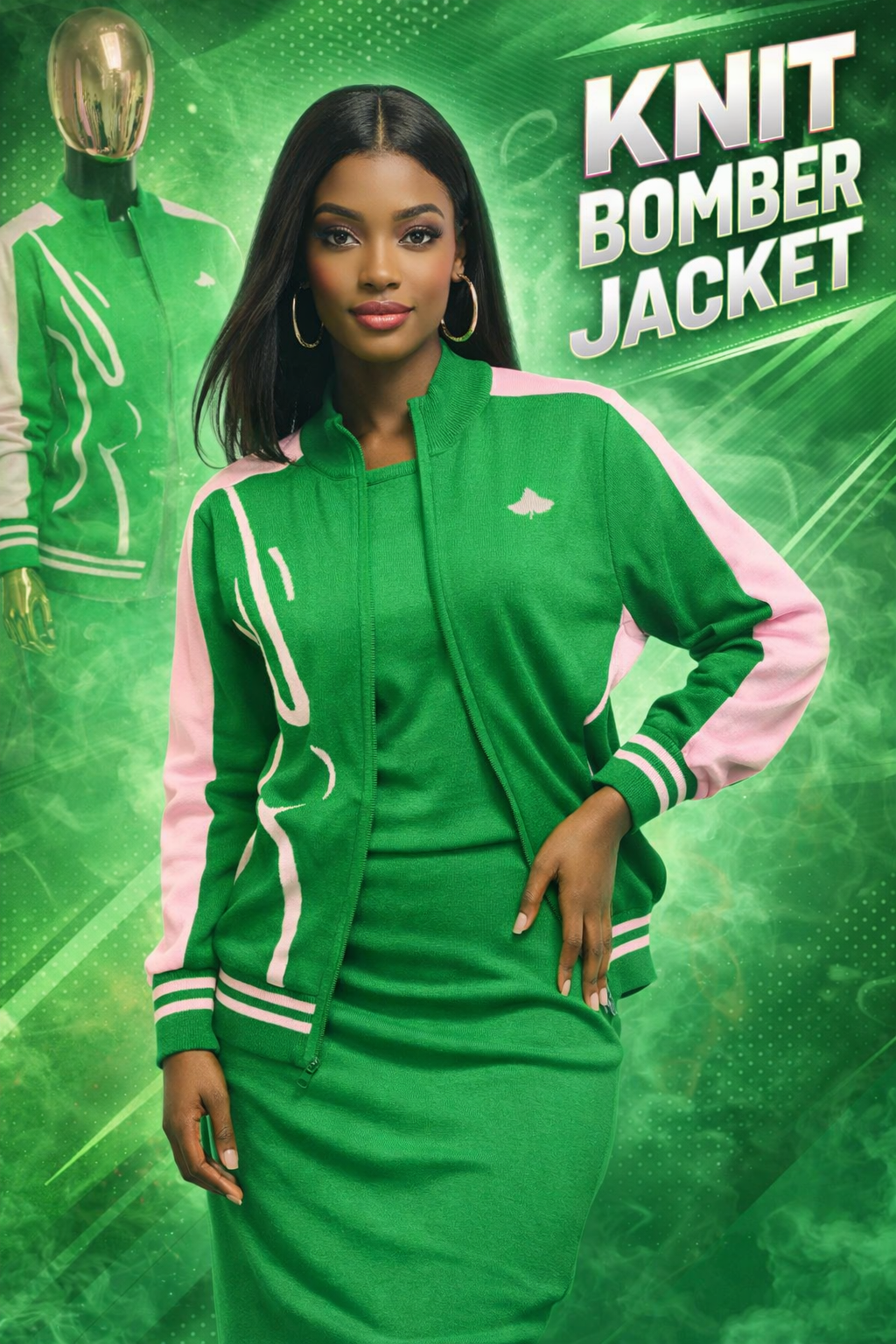 Green & Pink Knit Bomber Jacket