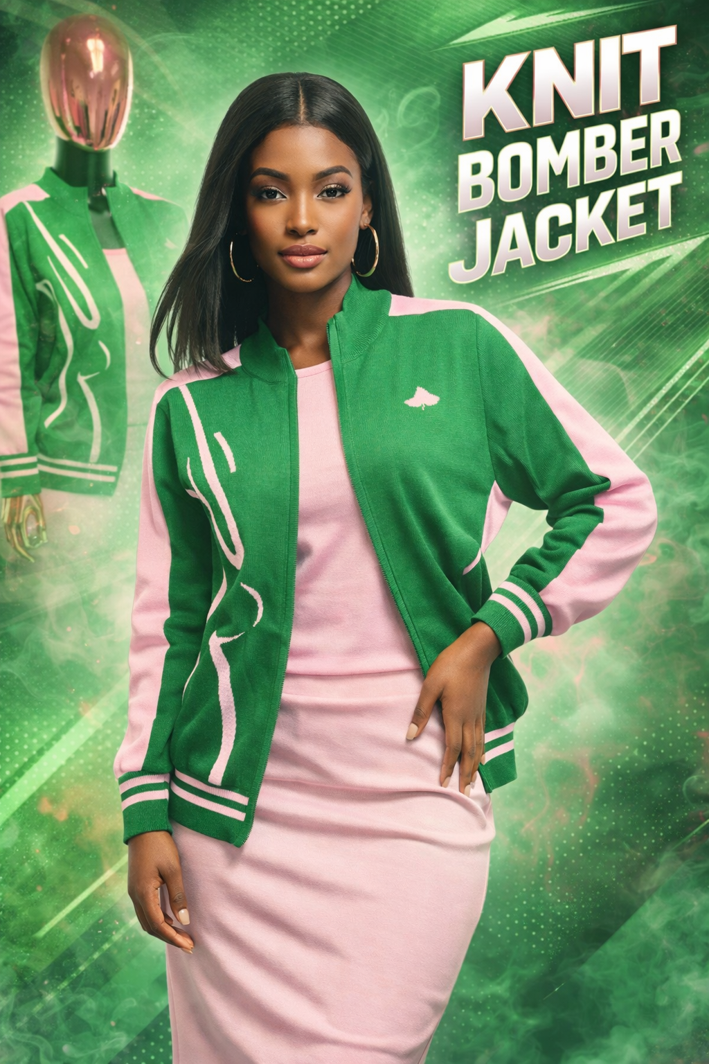 Green & Pink Knit Bomber Jacket