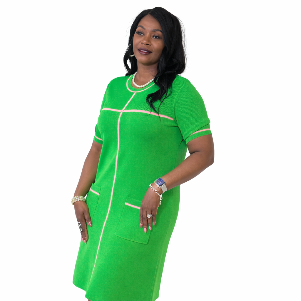 Pink & Green | Green dress with Pink stripe