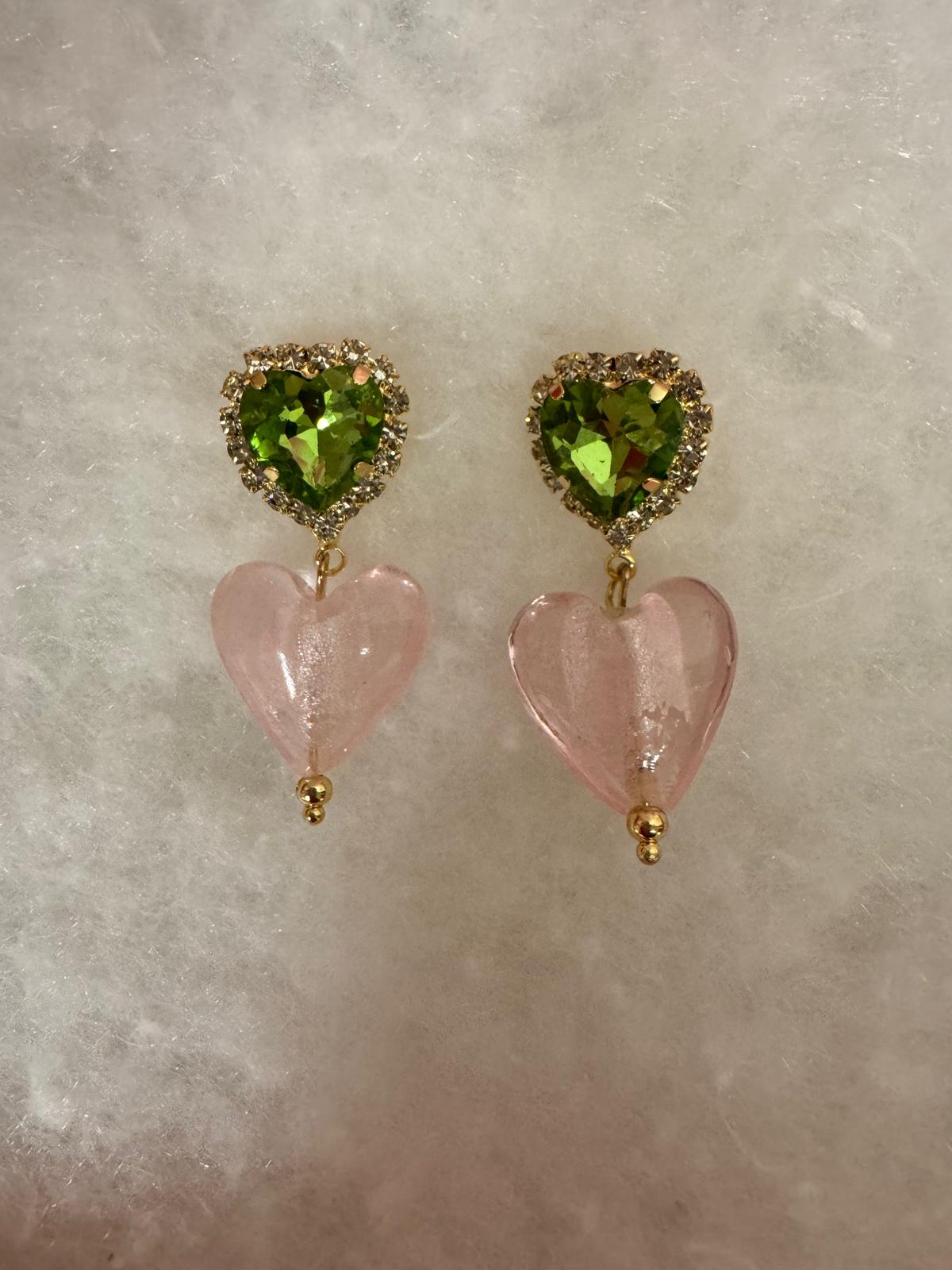 Pink and Green Heart Crystal Earring