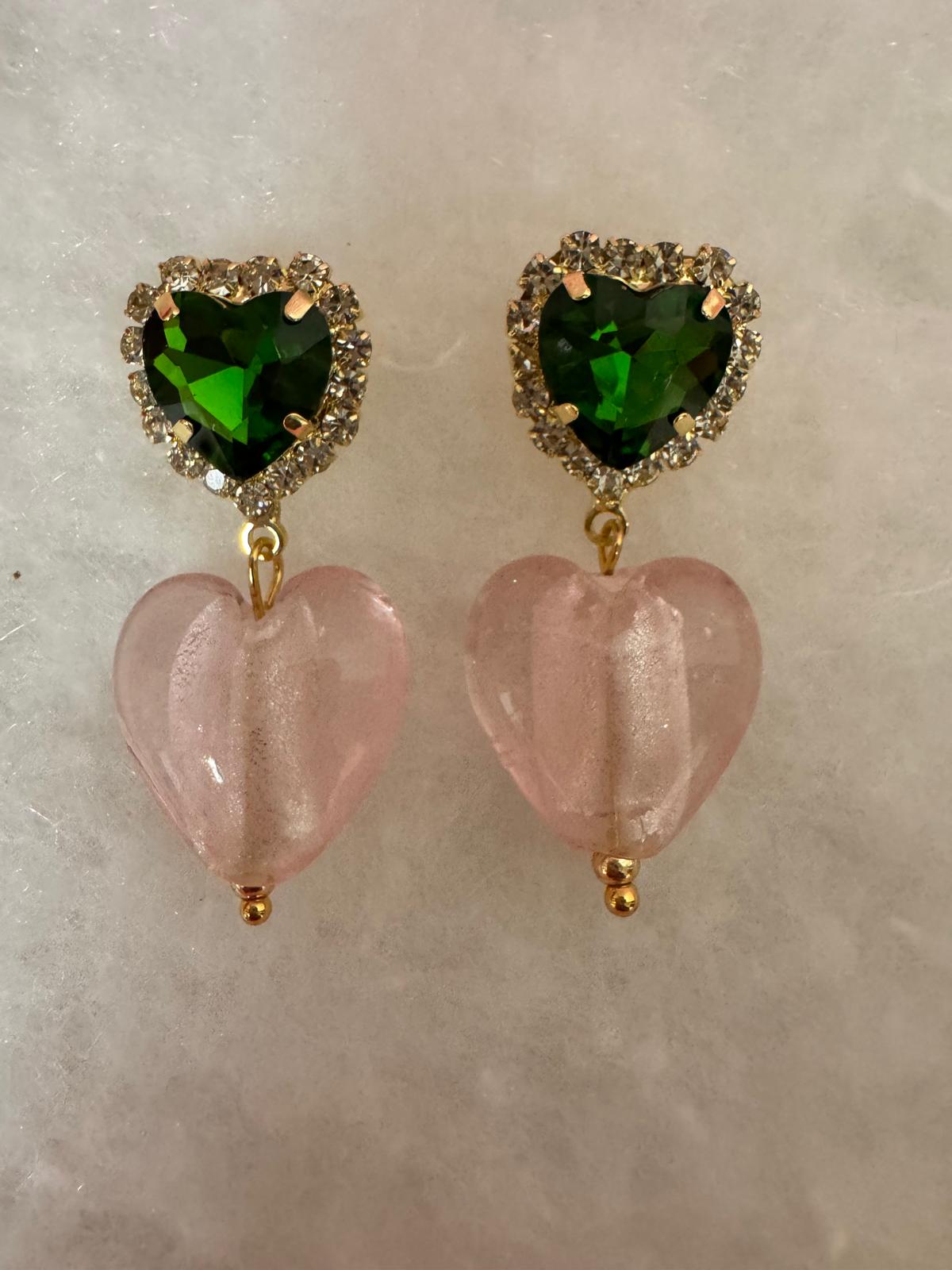 Pink and Green Heart Crystal Earring