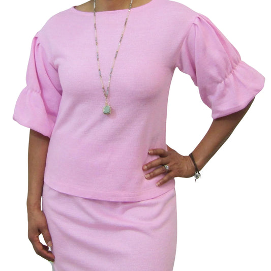 Puff Sleeve Pink Top with Ivy Crest and Matching Skirt