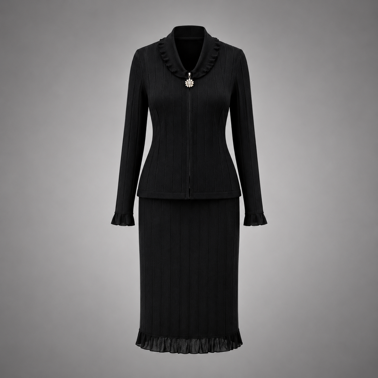 Midnight Elegance Ribbed Skirt Suit
