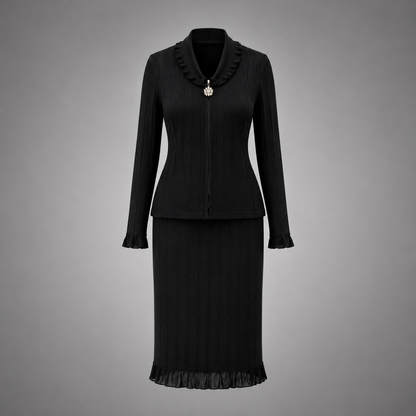 Midnight Elegance Ribbed Skirt Suit