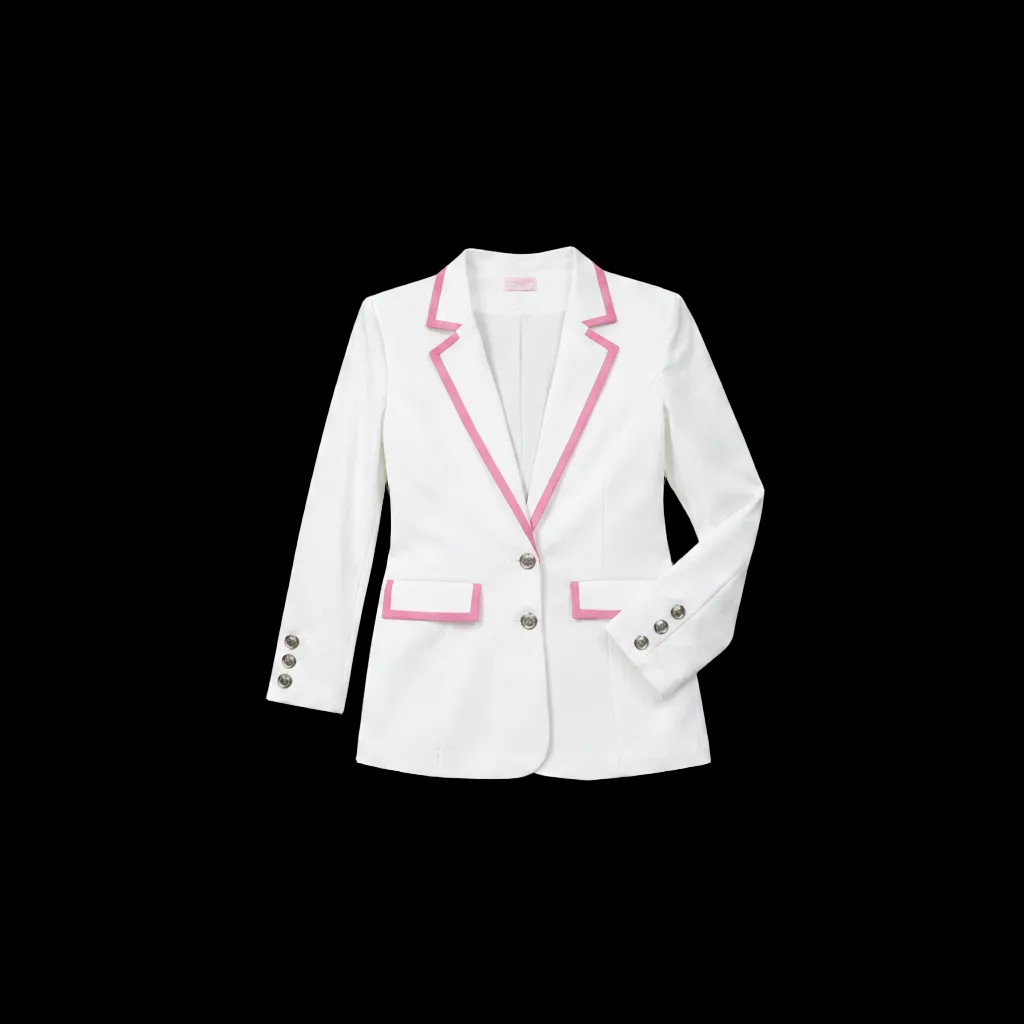 A white blazer jacket with pink piping trim on the lapels and pocket flaps, featuring silver-tone buttons, displayed against a solid black background.