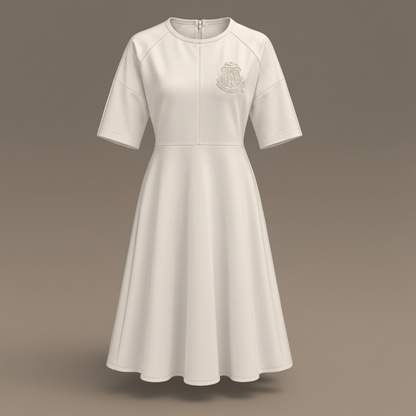 A white short-sleeve A-line dress with a crew neck and a silver-toned crest emblem on the left chest, shown against a plain white background.