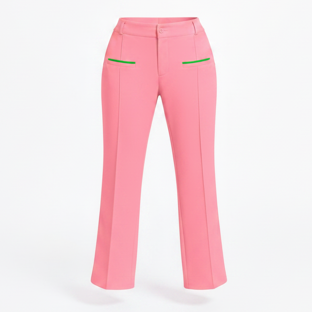 Pink pants with green accents on a white background