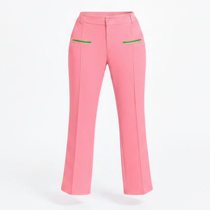 Pink pants with green accents on a white background